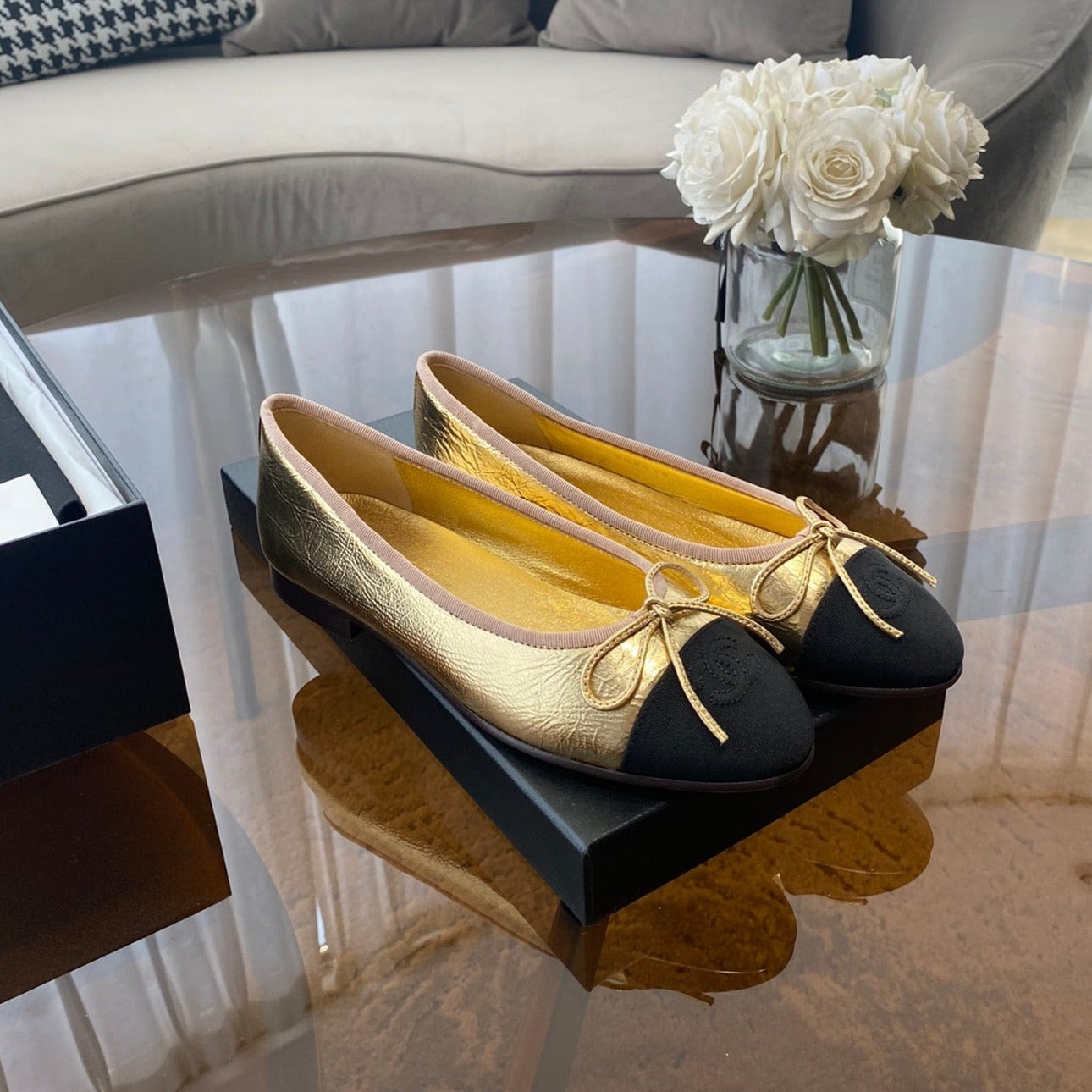zCHANE.L Ballet Flats Gold Black Lambskin Canvas