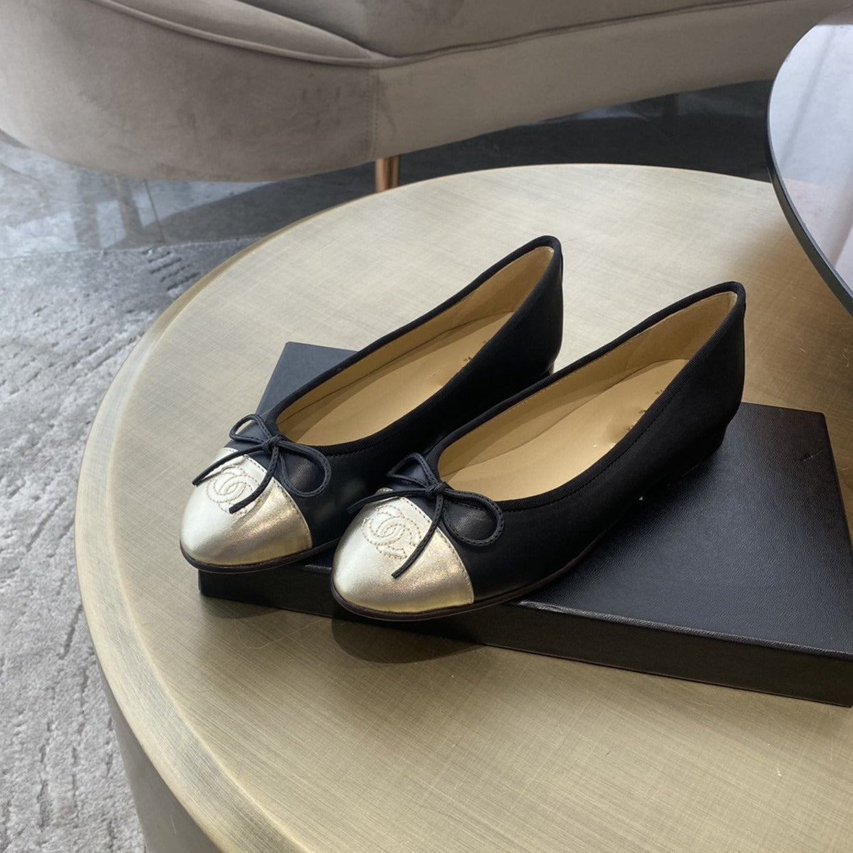 zCHANE.L Ballet Flats Black Light Gold Lambskin