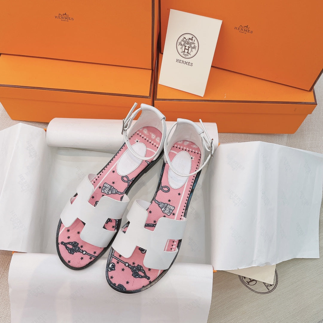 zHERME.S Flat Sandals White Pink Cowhide 348049