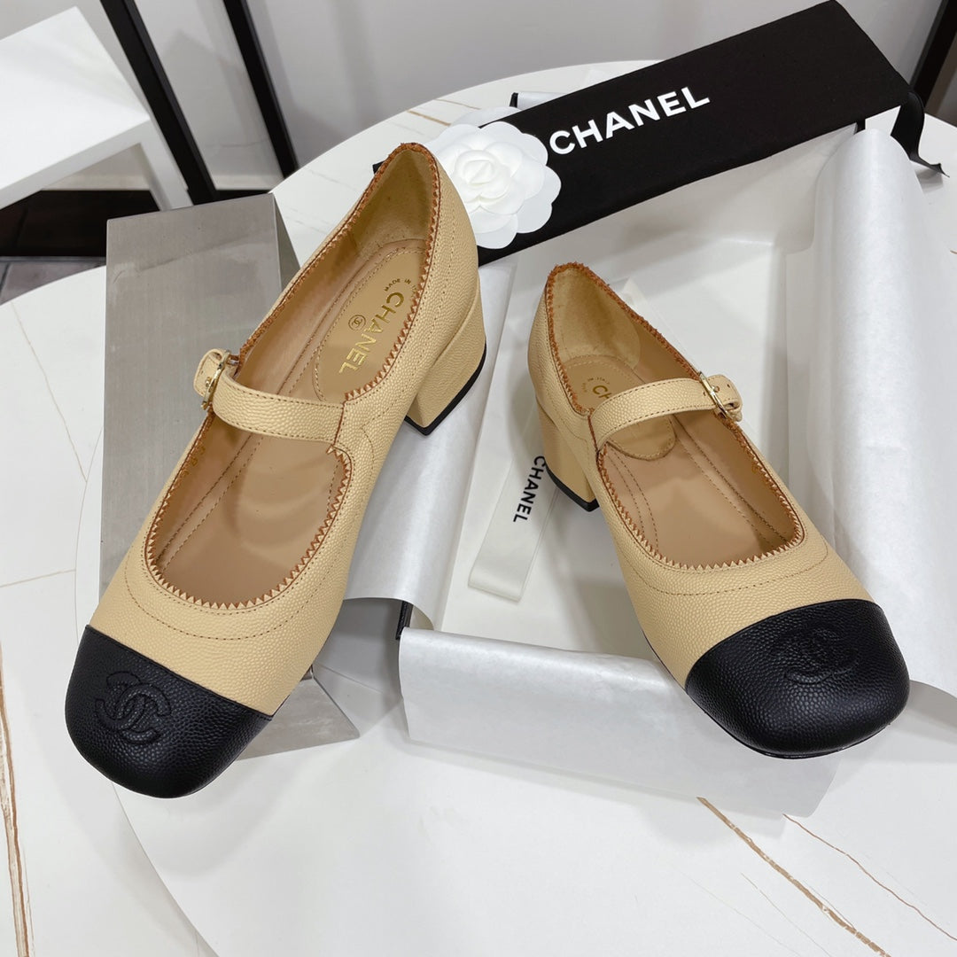 zCHANE.L Cc Mary Jane Block Heel Beige Cream Sheepskin