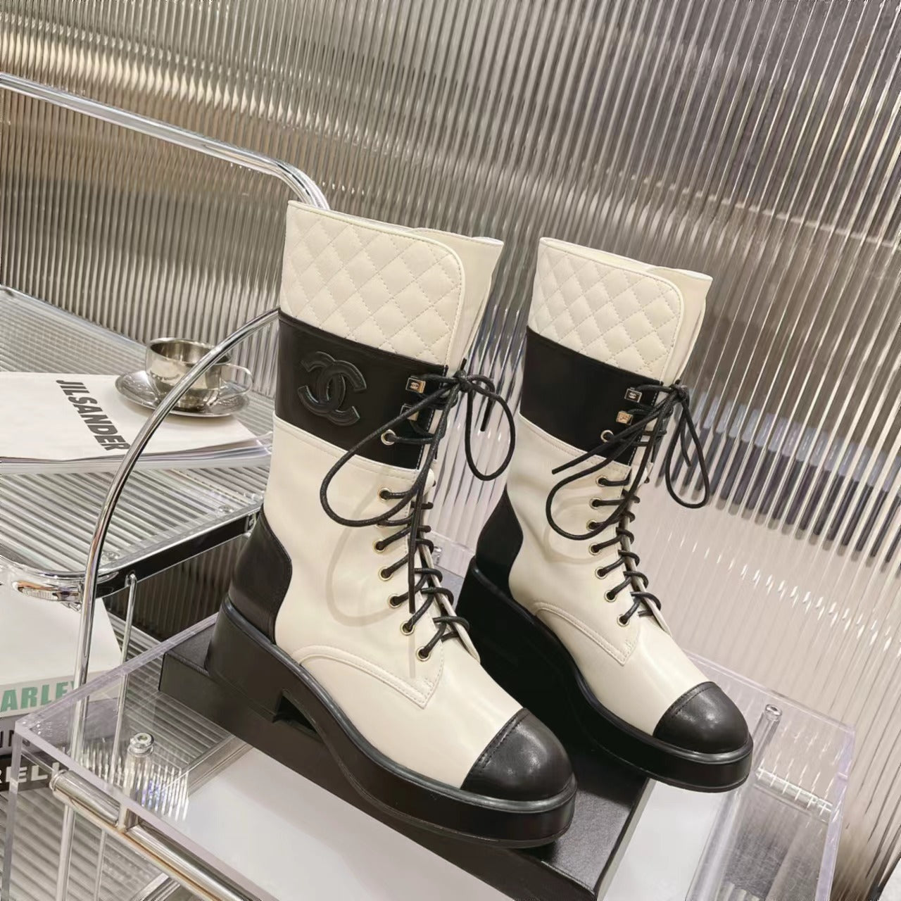 zCHANE.L Cc High Boots 45Mm White Mix Black Quilted Cowhide