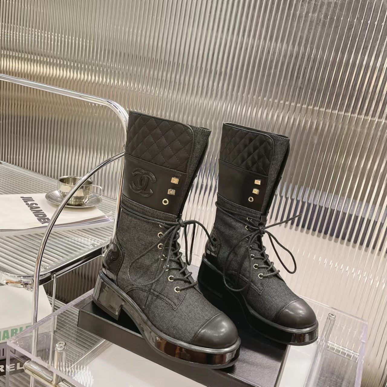 zCHANE.L Cc High Boots 45Mm Black Denim Fabric And Quilted Cowhide