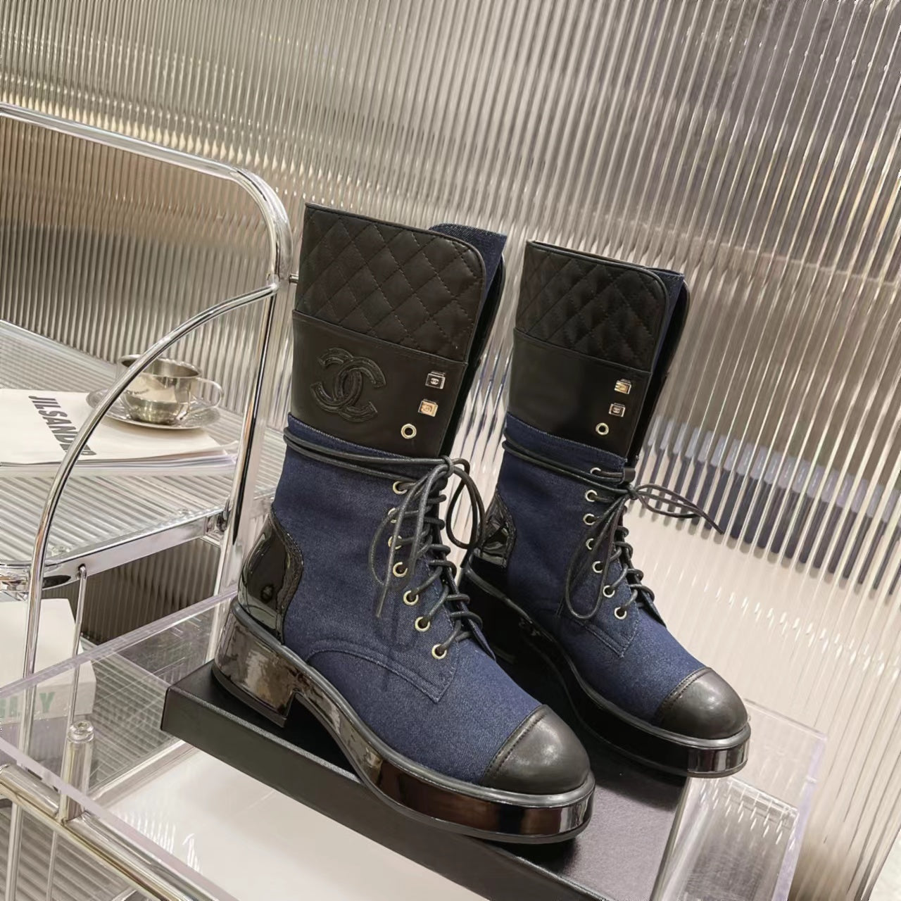 zCHANE.L Cc High Boots 45Mm Dark Blue Denim Fabric And Quilted Cowhide