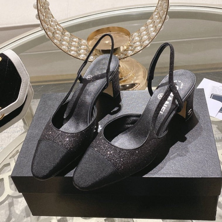 zCHANE.L Slingback 6.5 Glitter Black Grosgrain