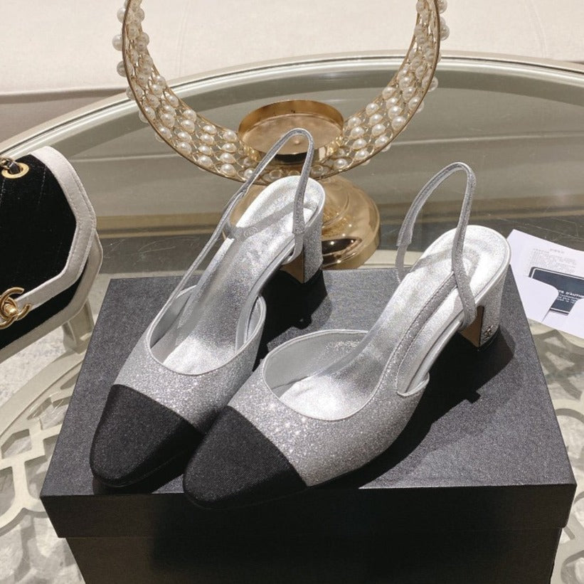 zCHANE.L Slingback 6.5 Glitter Silver Black Grosgrain