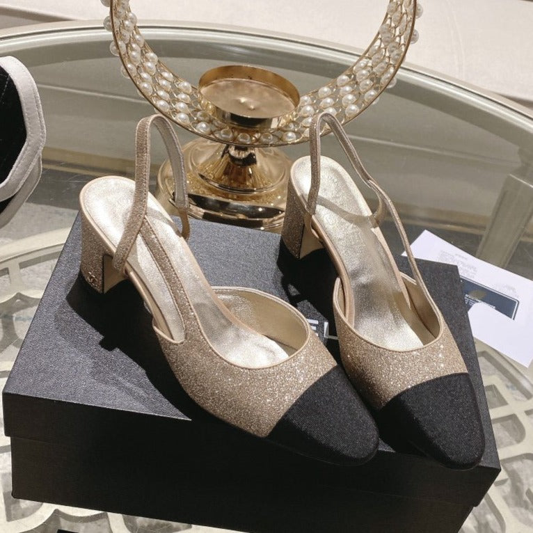 zCHANE.L Slingback 6.5 Glitter Beige Black Grosgrain