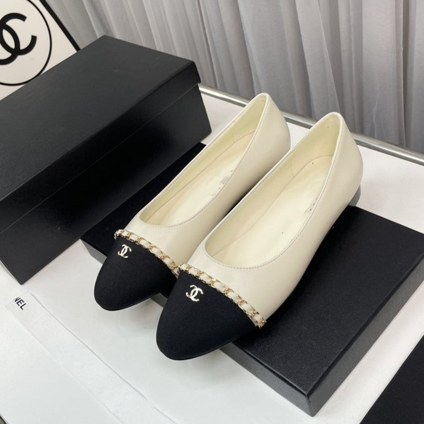 zCHANE.L Ballet Flat Cream Lambskin Black Leather Chain Grosgrain