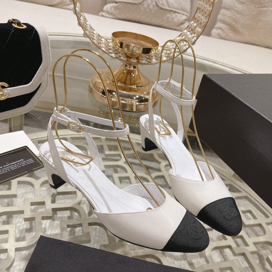 zCHANE.L High Slingbacks White Black Lambskin Grosgrain