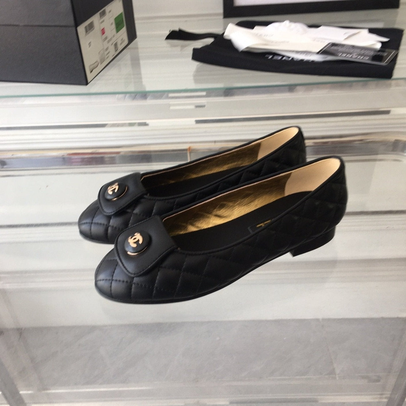 zCHANE.L Ballet Flat Black Quilted Gold Cc Lock