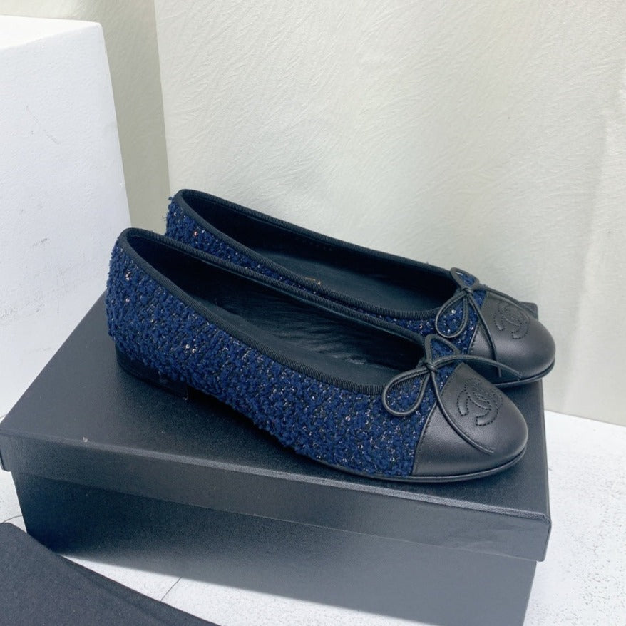 zCHANE.L Ballet Flat Dark Blue Tweed Black Grosgrain