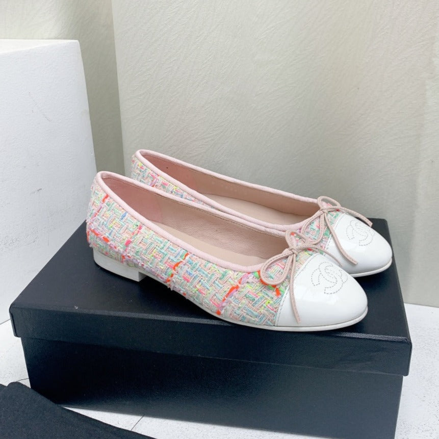 zCHANE.L Ballet Flat Pink Red White Tweed Grosgrain