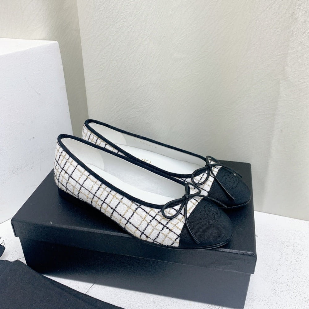 zCHANE.L Ballet Flat White Black Tweed Grosgrain