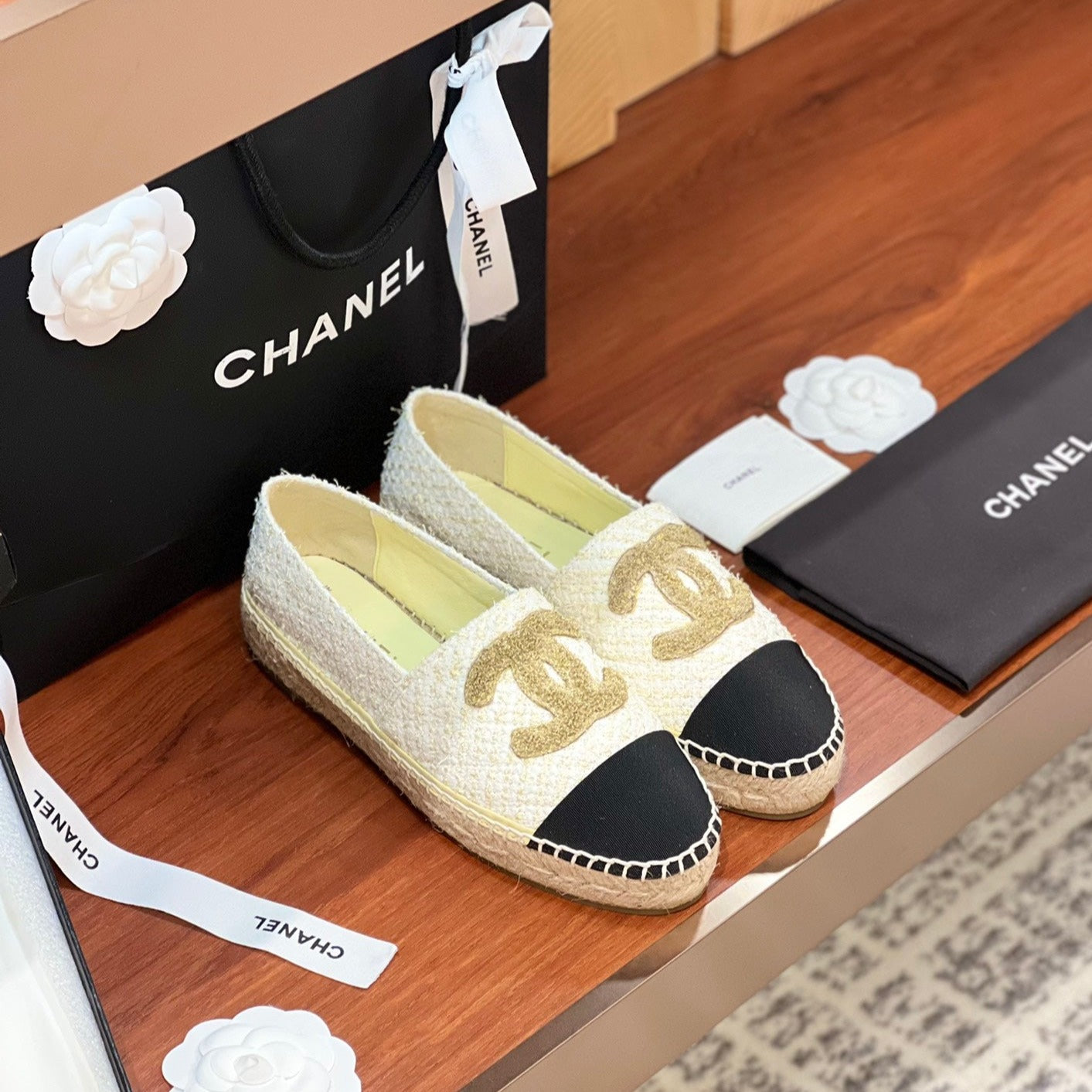 zCHANE.L Espadrilles Gold White Tweed Black Grosgrain