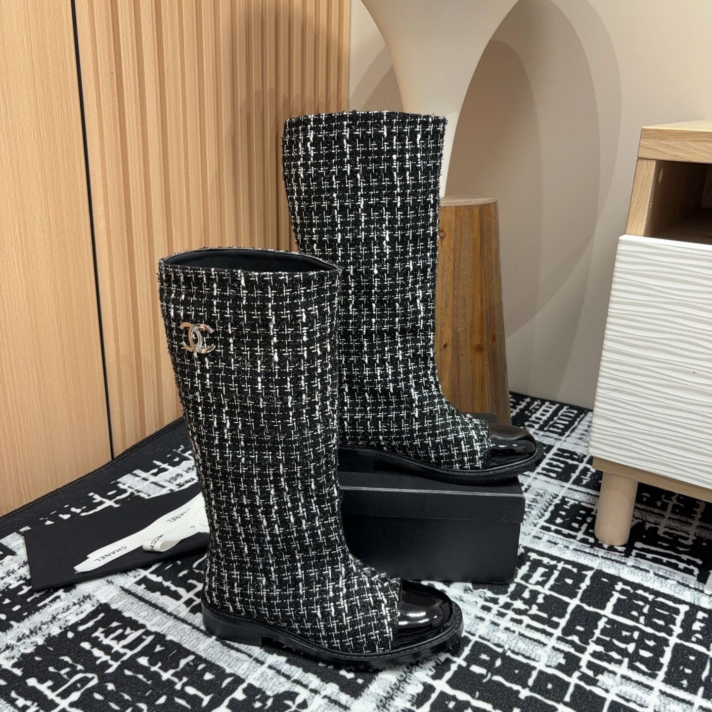 zCHANE.L Cc High Boots In Black Mix White Wool Tweed And Lambskin