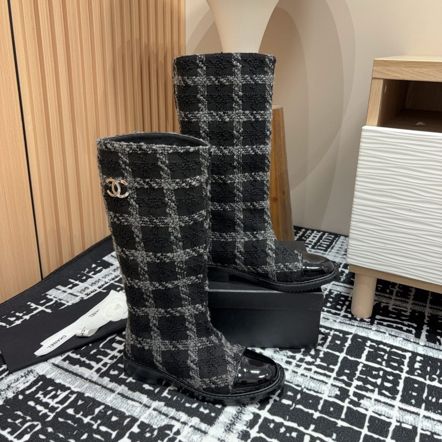 zCHANE.L Cc High Boots In Black Wool Tweed And Lambskin Gold Hardware