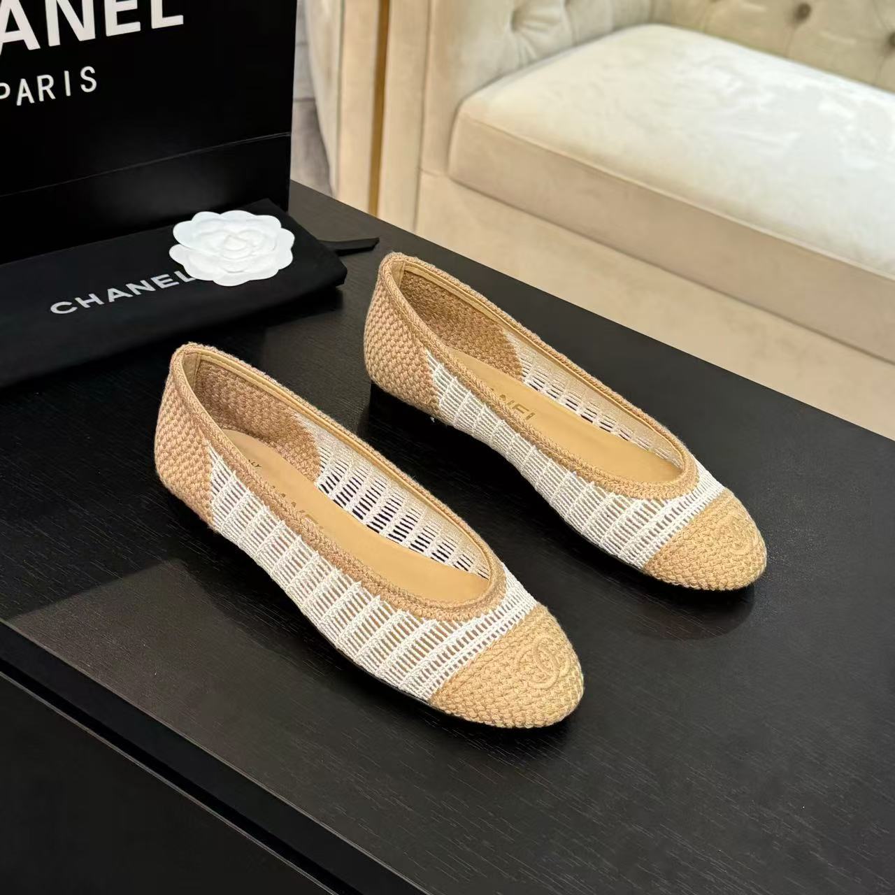 zCHANE.L 2025 Ballet Flat Beige White Raffia