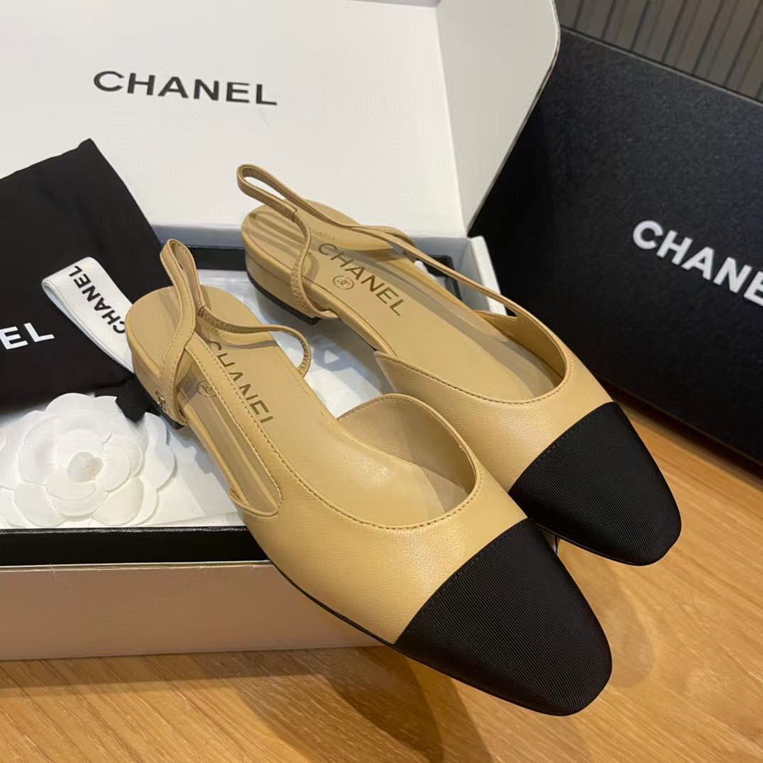 zCHANE.L Slingbacks Flat Beige Goatskin Black Grosgrain
