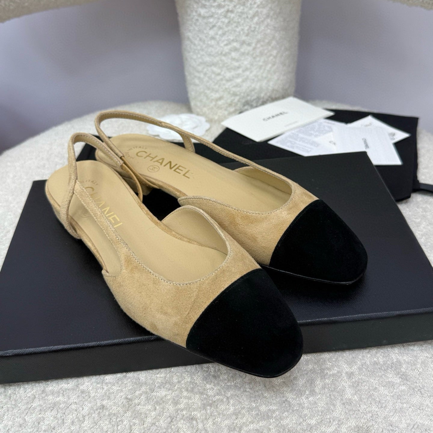 zCHANE.L Cc 25A Slingback Flat Beige Black Suede