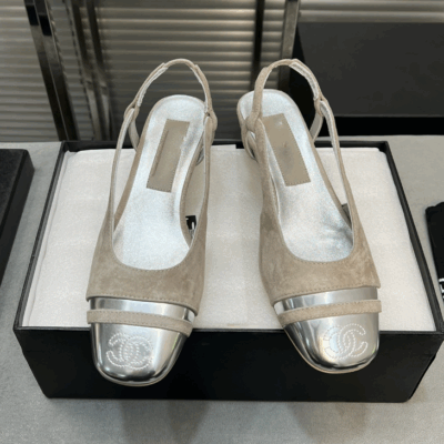 zCHANE.L Slingback Light Beige Suede Silver Metalic Lambskin Square Toe 5.0