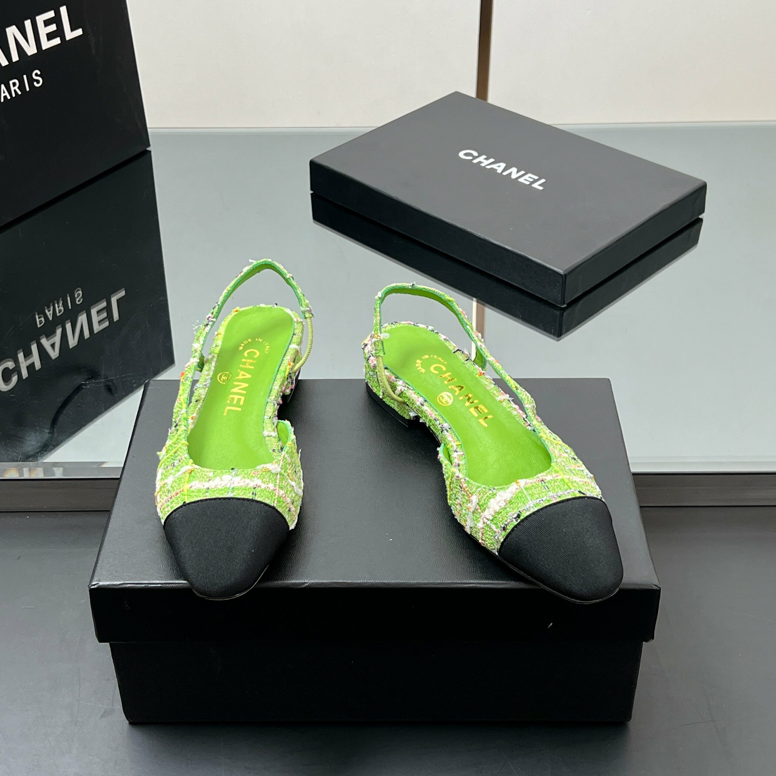 zCHANE.L Cc Slingback Tweed Green Sheepskin 362815
