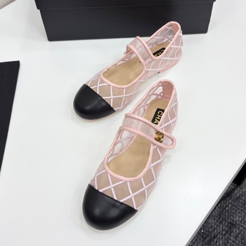 zCHANE.L Cc 25 Mary Jane White Pink Mesh Black Calfskin