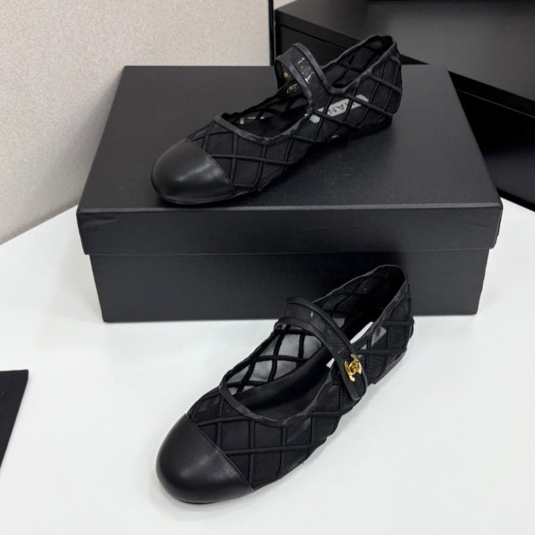 zCHANE.L Cc 25 Mary Jane White Black Mesh Calfskin