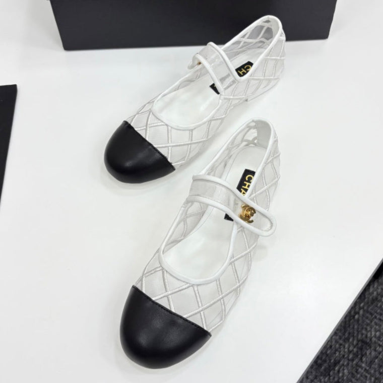 zCHANE.L Cc 25 Mary Jane White Mesh Black Calfskin