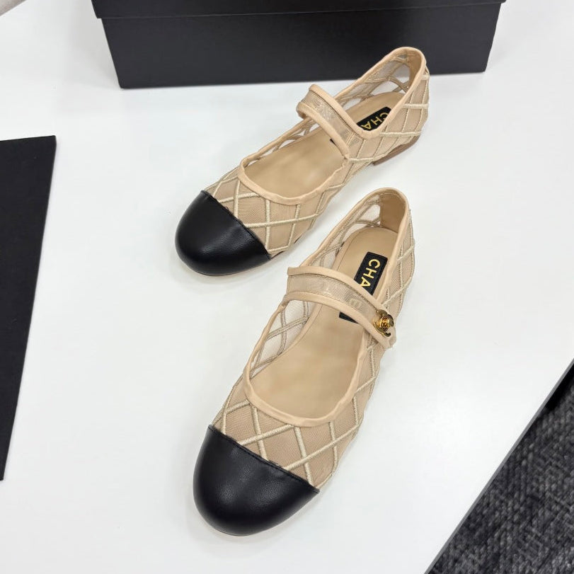 zCHANE.L Cc 25 Mary Jane Beige Mesh Black Calfskin