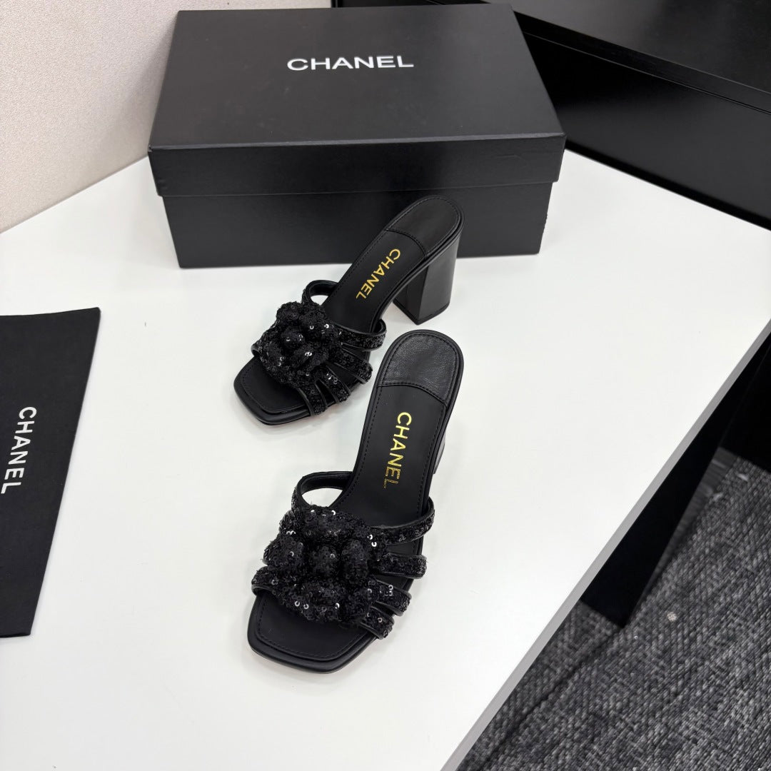 zCHANE.L 25 Camellia Open Heel Mule Sandals 90mm Black Coarse Glitter Fabric And Sheepskin 368846