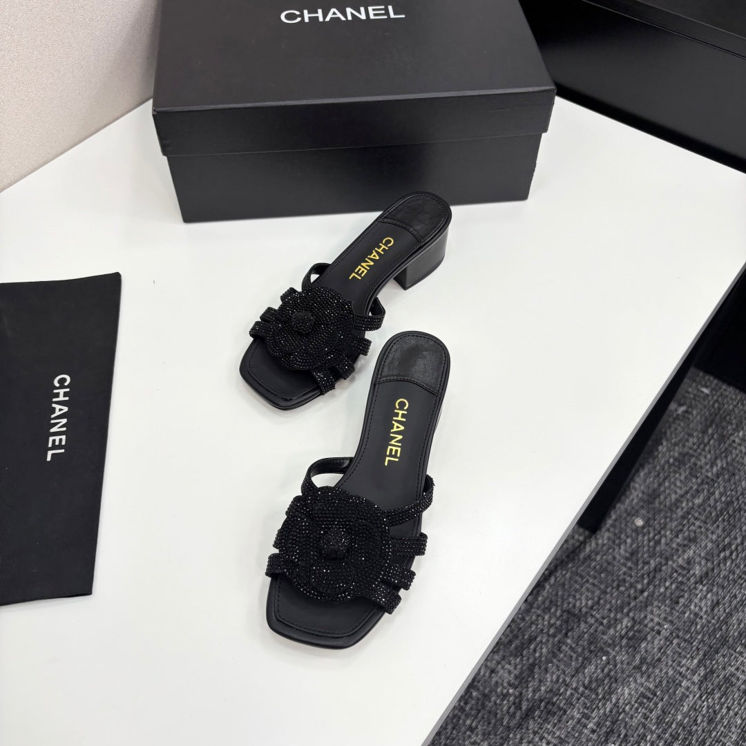 zCHANE.L 25 Camellia Open Heel Mule Sandals 50mm Black Stone Grain And Sheepskin 368860