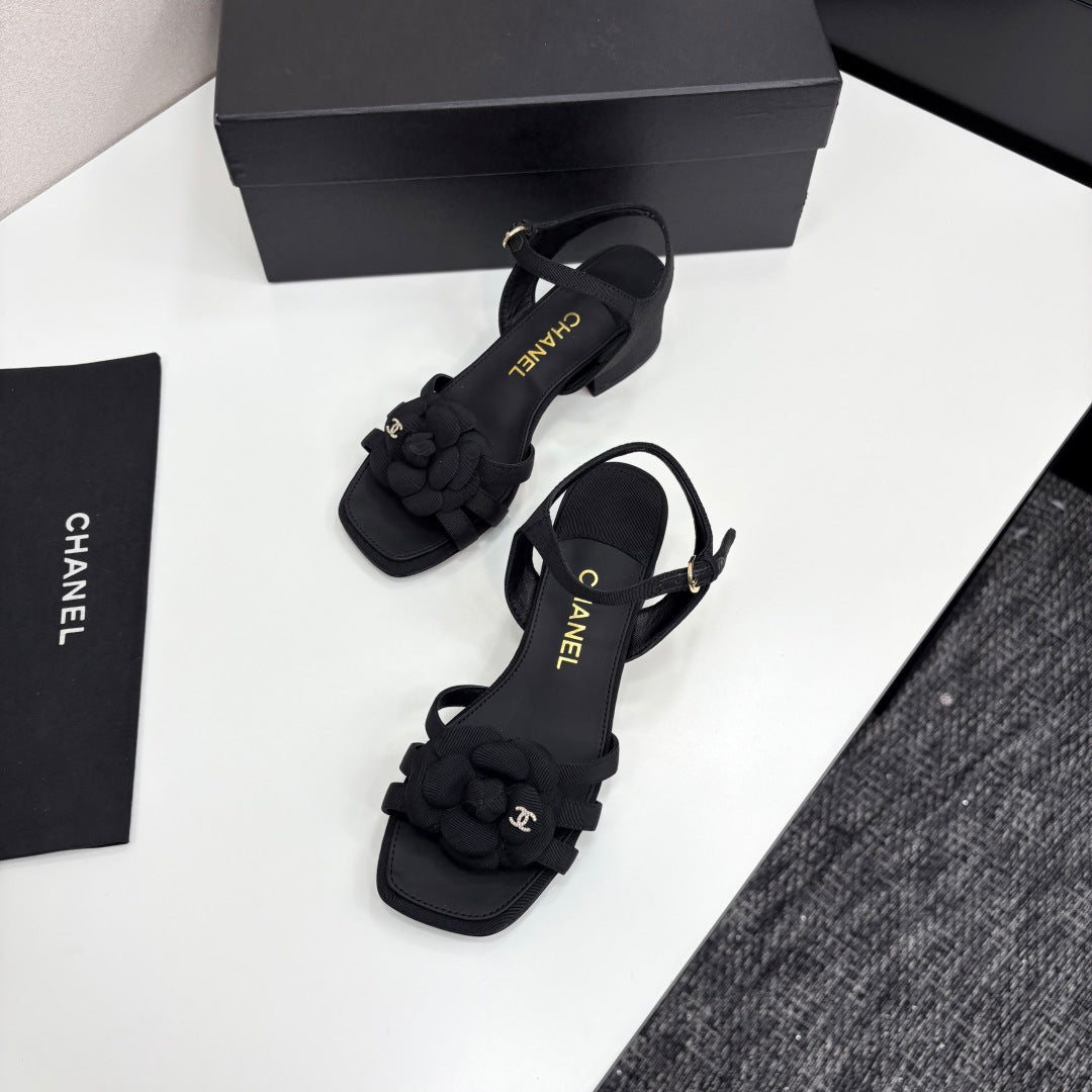 zCHANE.L 25 Camellia Open Heel Sandals 50mm Black Sheepskin And Fabric 368811