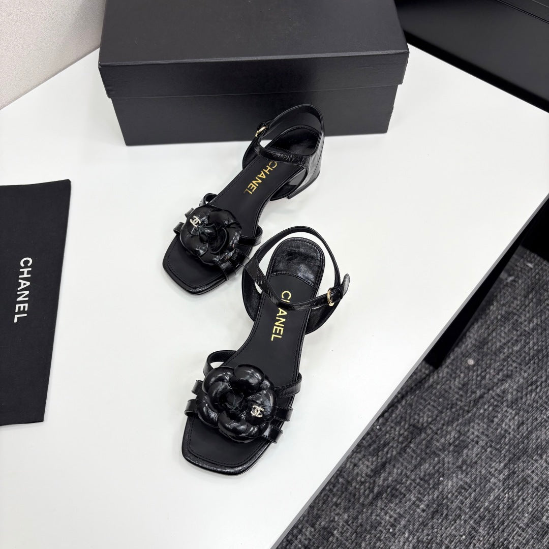 zCHANE.L 25 Camellia Open Heel Sandals 50mm Black Sheepskin 368813
