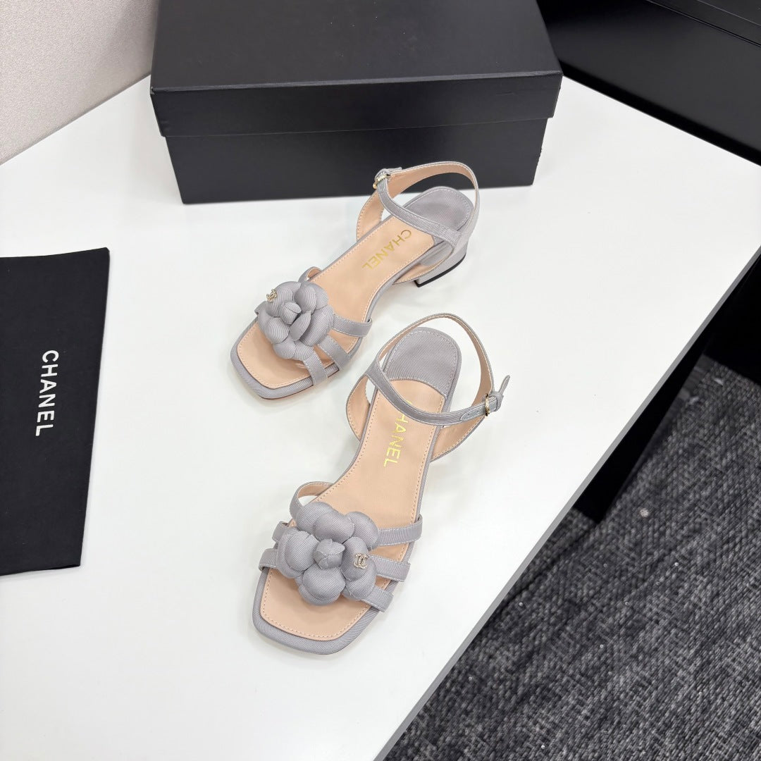 zCHANE.L 25 Camellia Open Heel Sandals 50mm Grey Beige Sheepskin And Fabric 368814