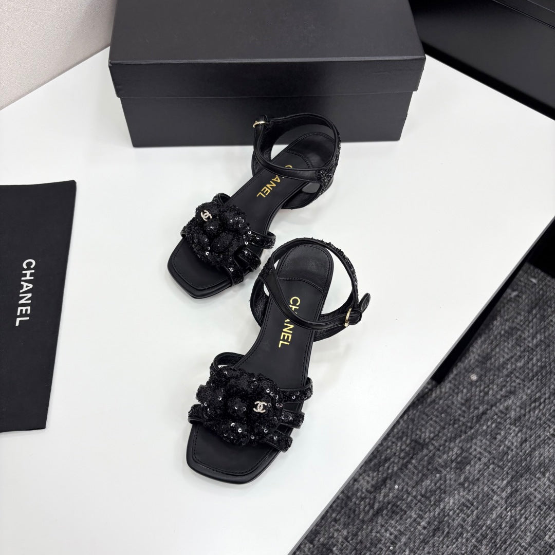 zCHANE.L 25 Camellia Open Heel Sandals 50mm Black Coarse Glitter Fabric And Sheepskin 368815