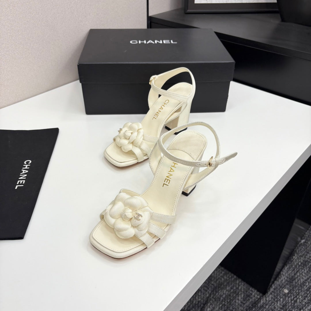 zCHANE.L 25 Camellia Open Heel Sandals 90mm Ivory Sheepskin And Fabric 368816