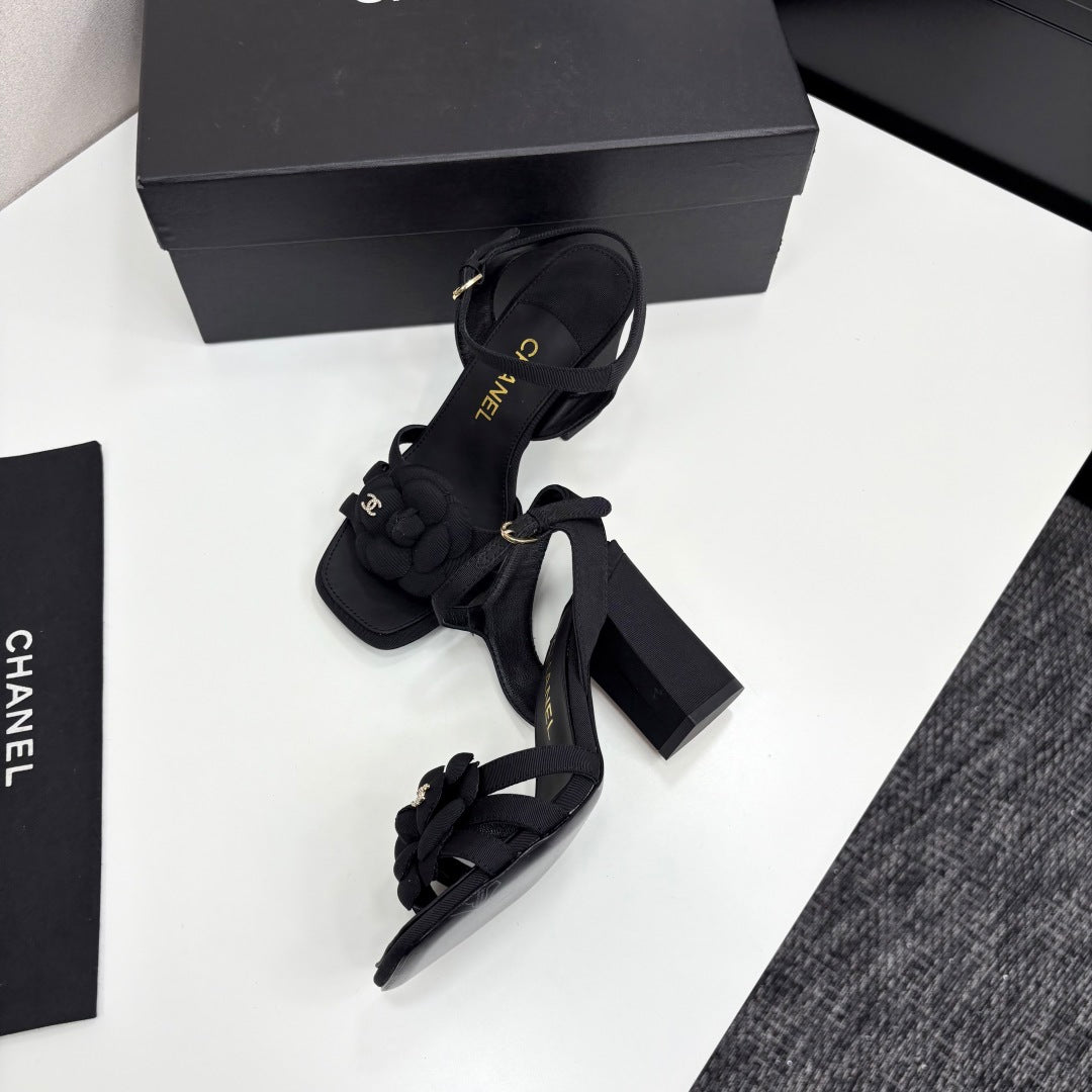 zCHANE.L 25 Camellia Open Heel Sandals 90mm Black Sheepskin And Fabric 368819