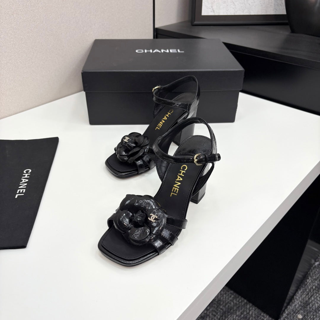 zCHANE.L 25 Camellia Open Heel Sandals 90mm Black Sheepskin 368820