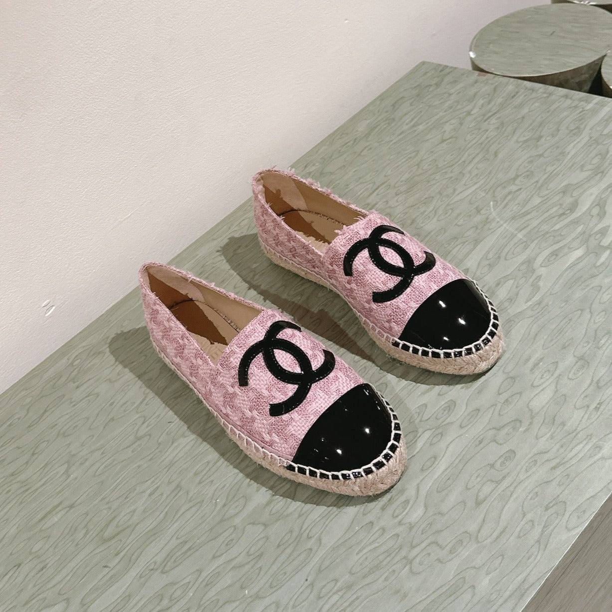 zCHANE.L Espadrilles Pink Tweed Black Patent Calfskin