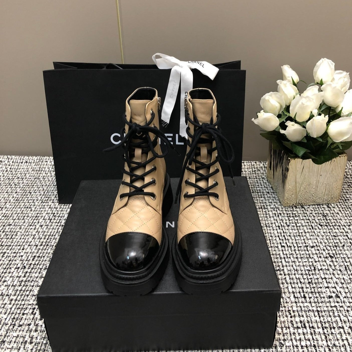 zCHANE.L Short Boots  Beige Cream Mix Black Suede Lambskin