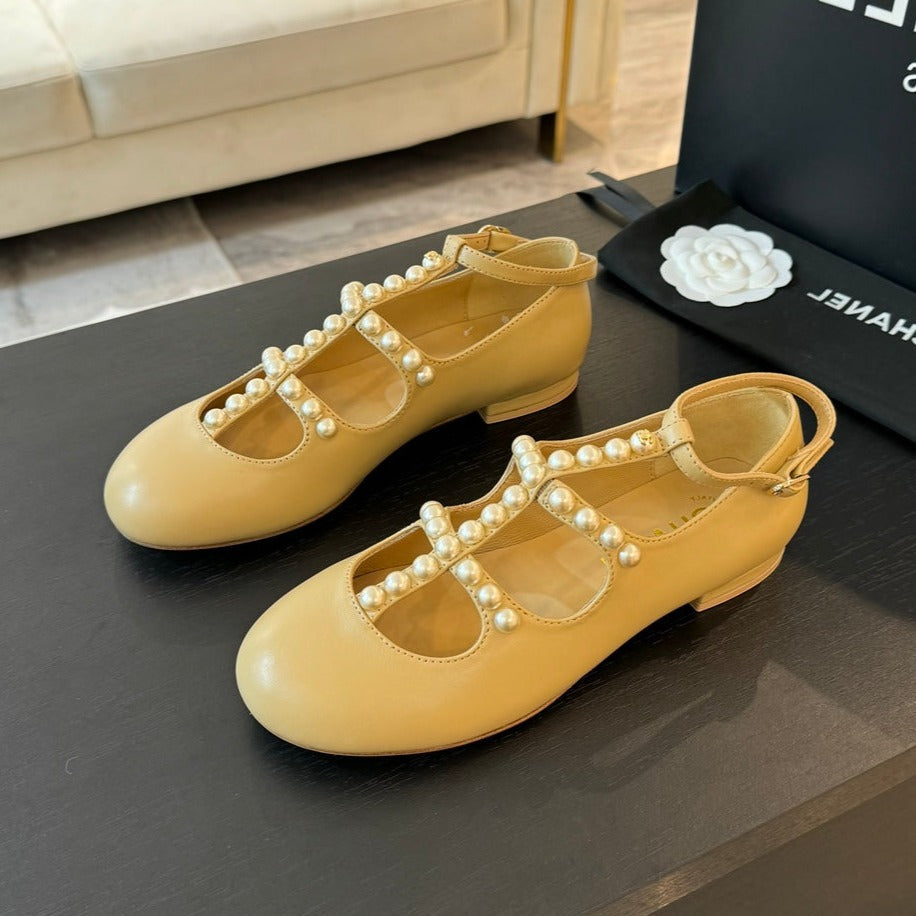 zCHANE.L Mary Janes Shoes Light Yellow Goatskin With Faux Pearl