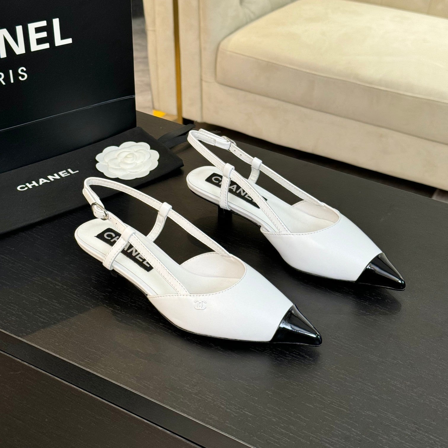 zCHANE.L Slingbacks 35 Pointed Patent Toe White Patent Lambskin