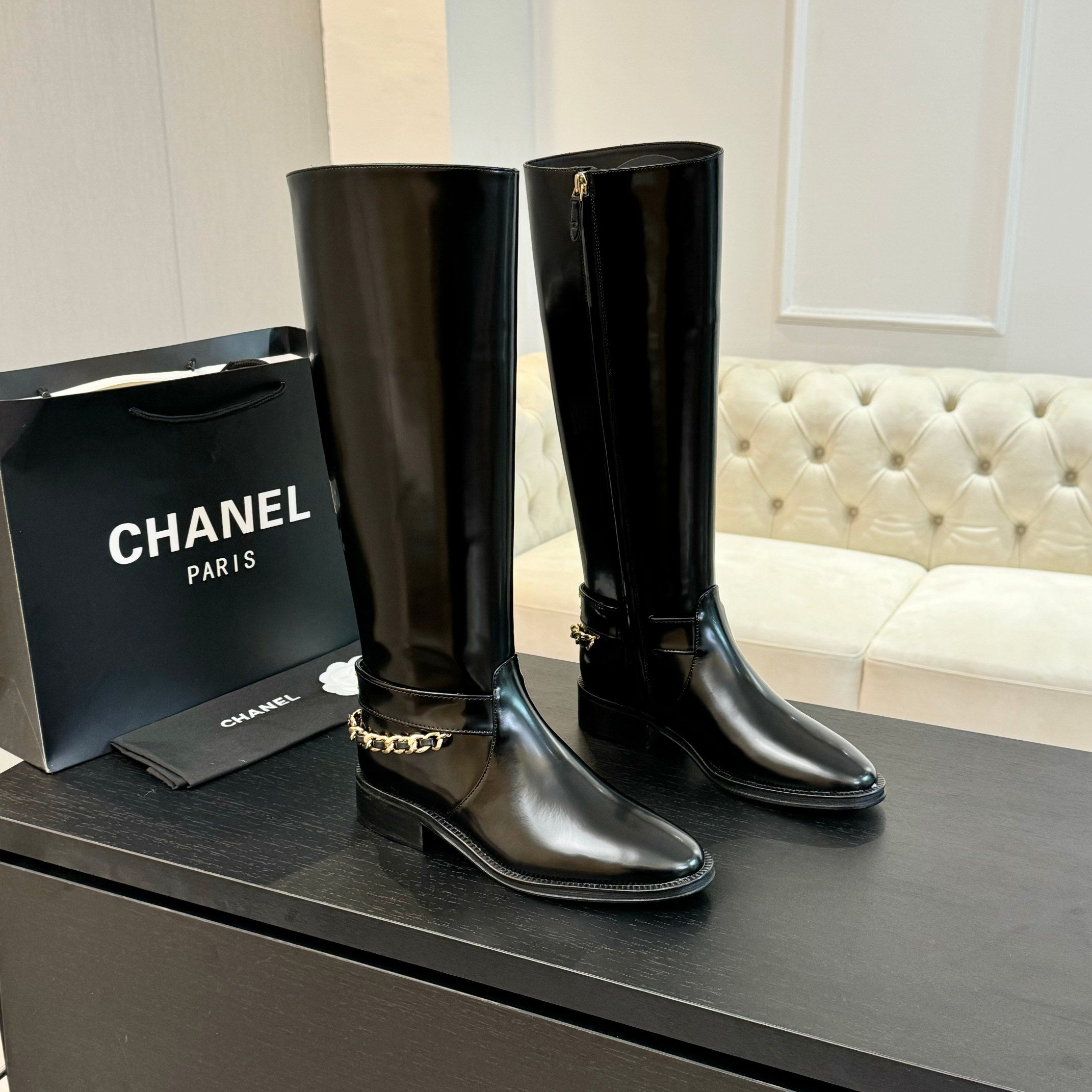 zCHANE.L Cc High Boots 30Mm Glossy Black Chain Cowhide