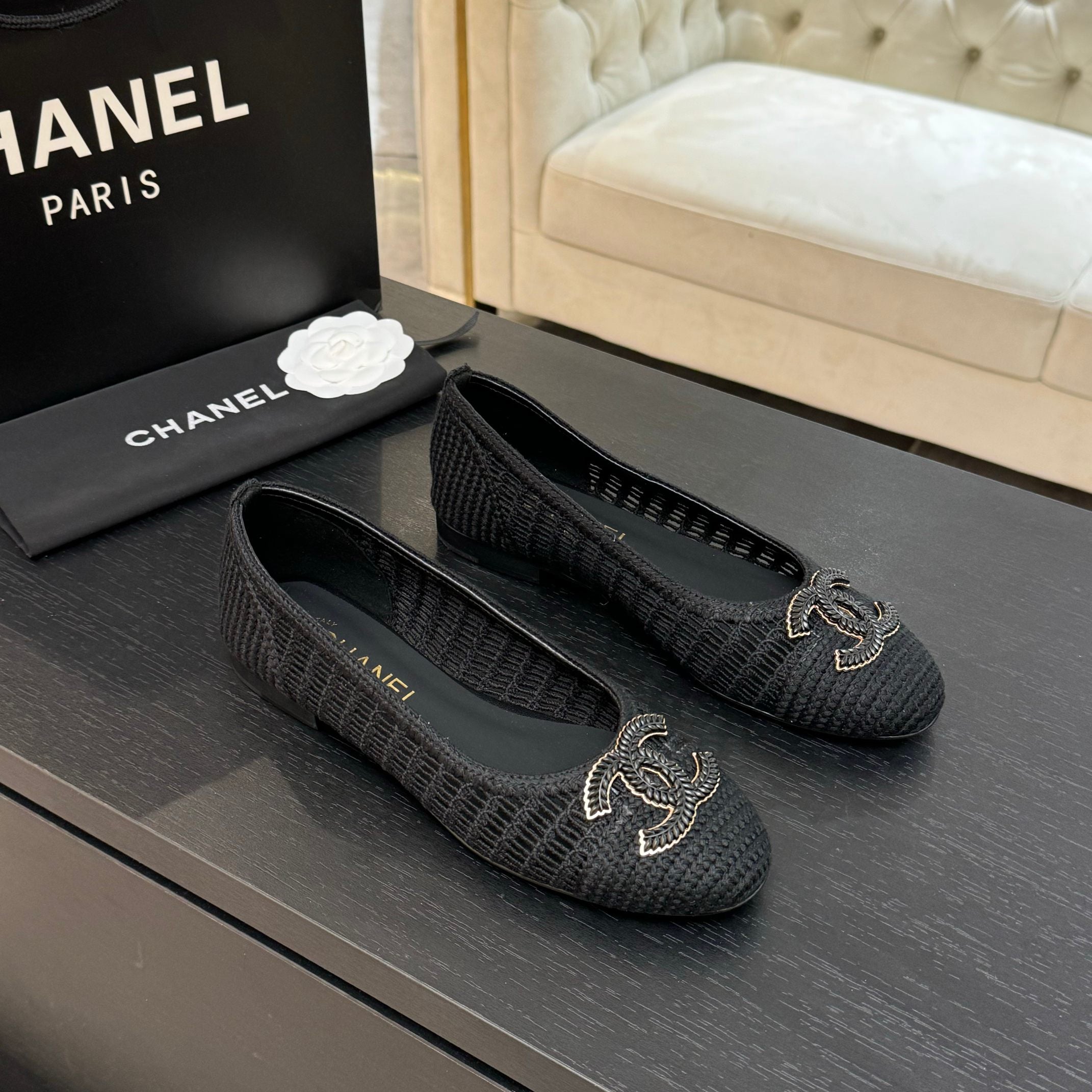 zCHANE.L 25P Ballet Flat Black Raffia Large Logo