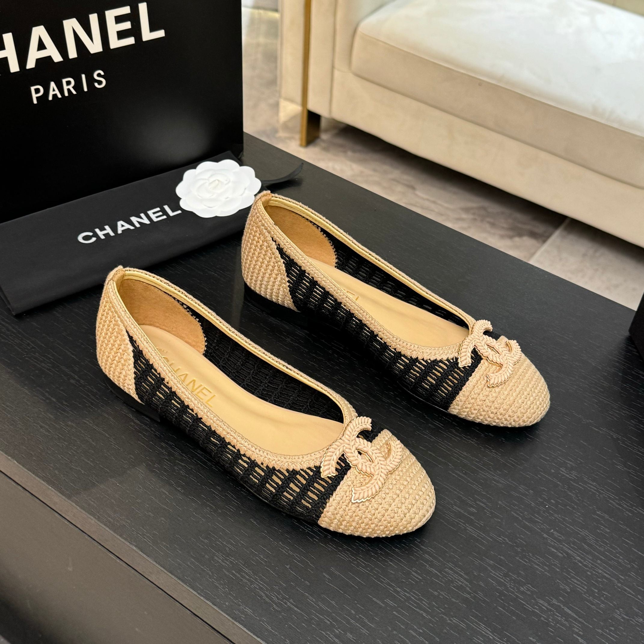 zCHANE.L 25P Ballet Flat Black Beige Raffia Large Logo