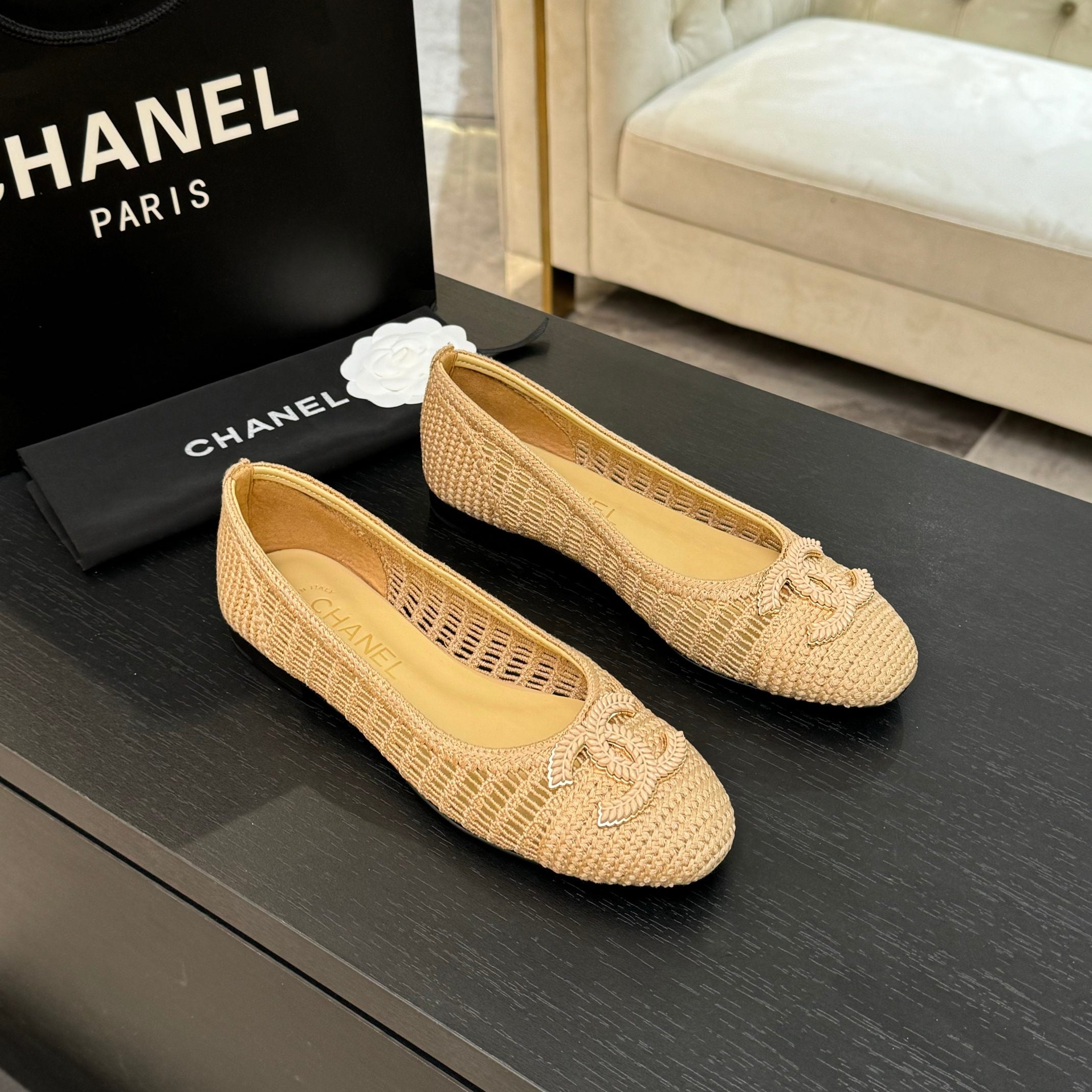zCHANE.L 25P Ballet Flat Beige Raffia Large Logo