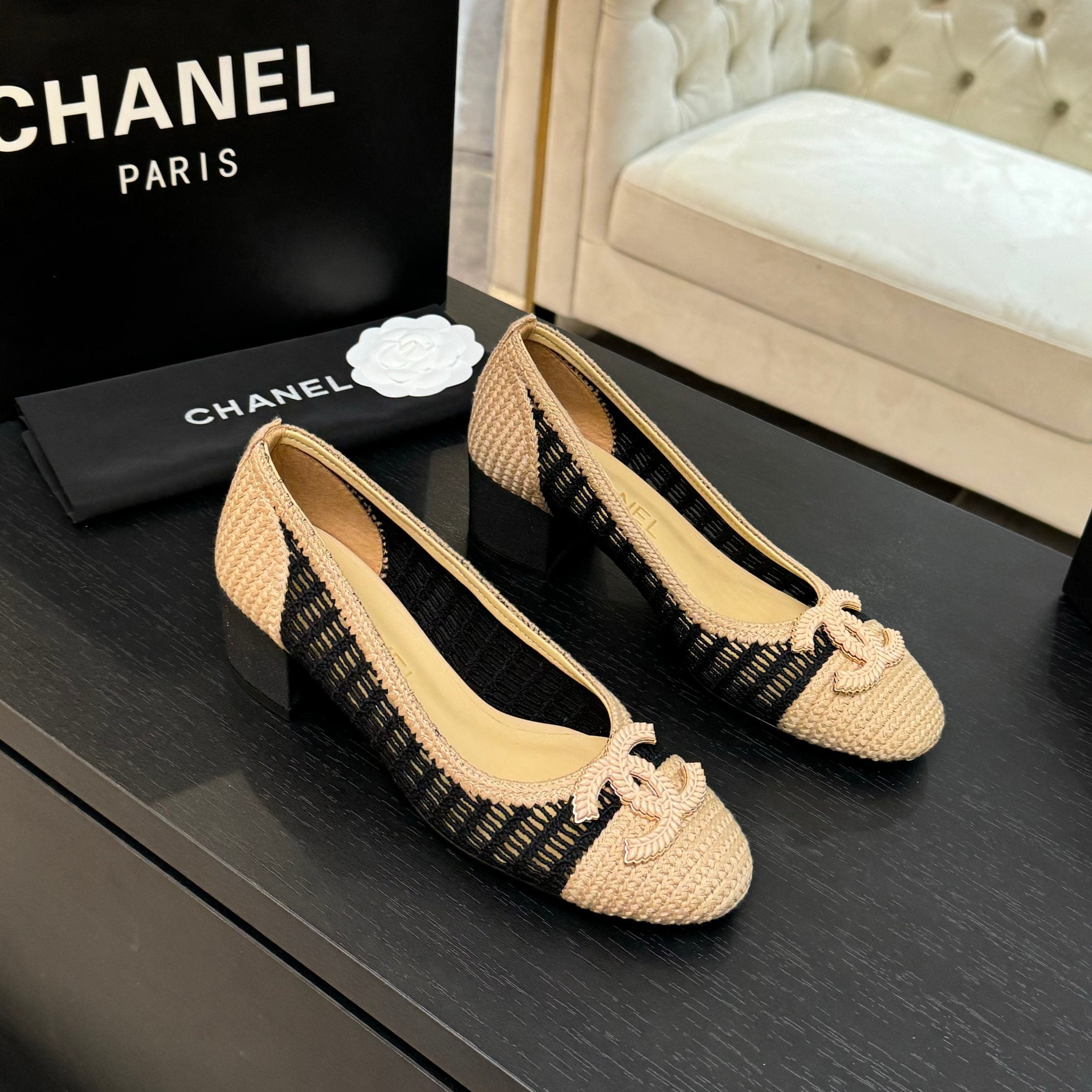 zCHANE.L 25P Ballet Heel 50Mm Black Beige Raffia Large Logo