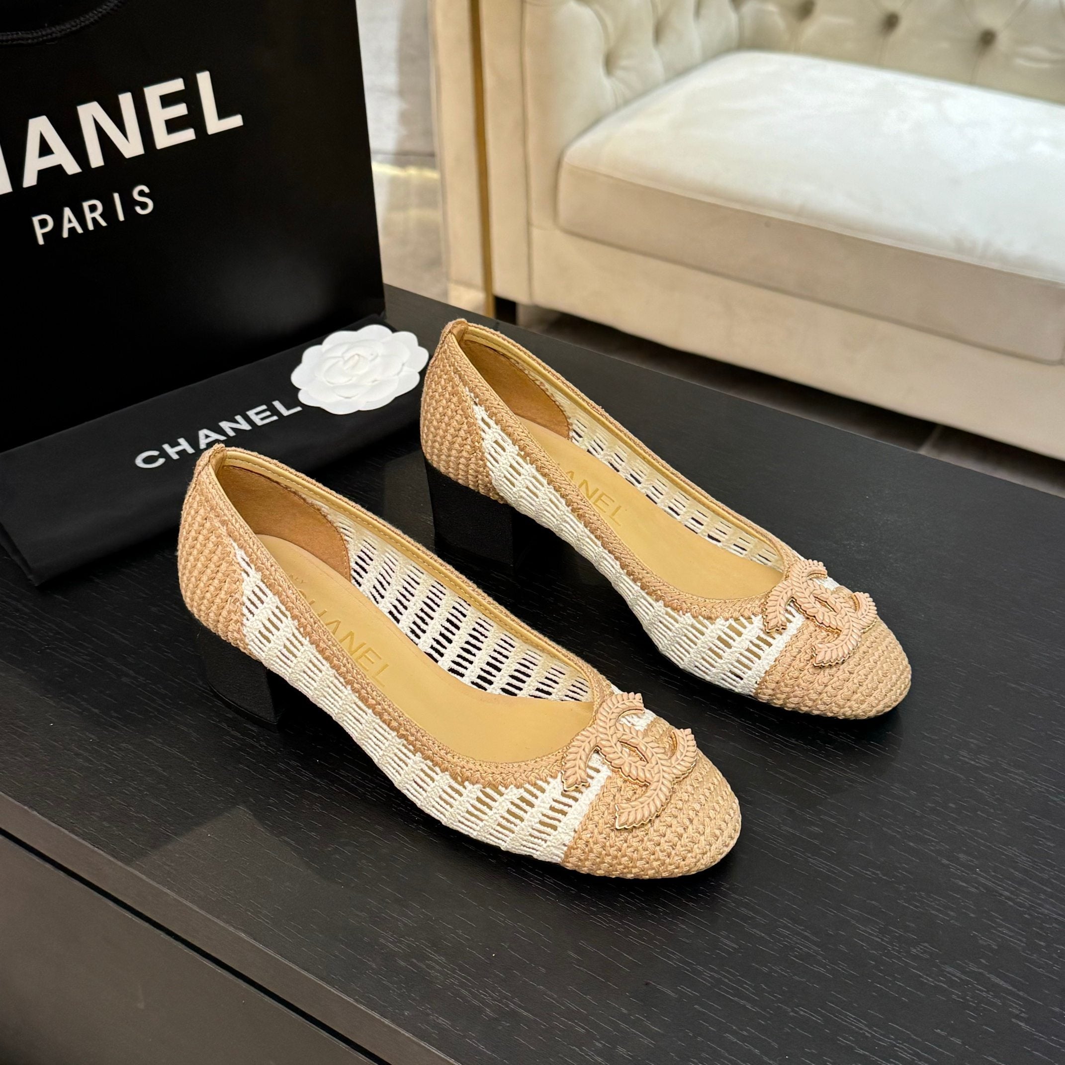 zCHANE.L 25P Ballet Heel 50Mm White Beige Raffia Large Logo