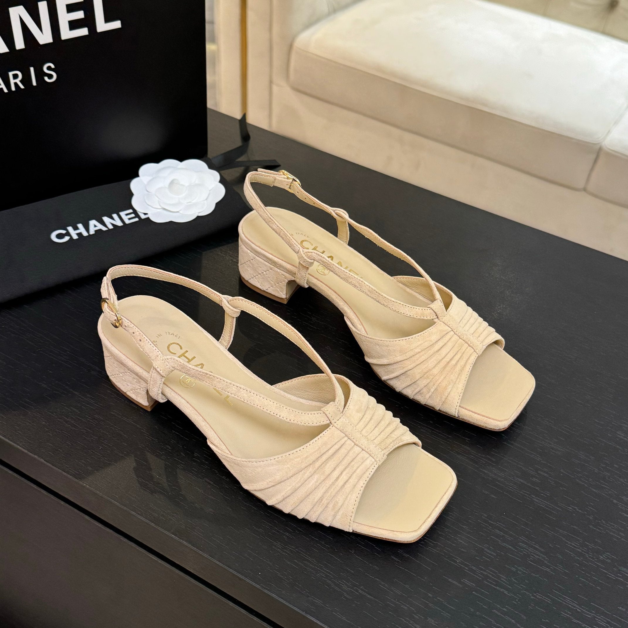 zCHANE.L Cc 25S Sandal Heel 50Mm Beige Suede Kidskin