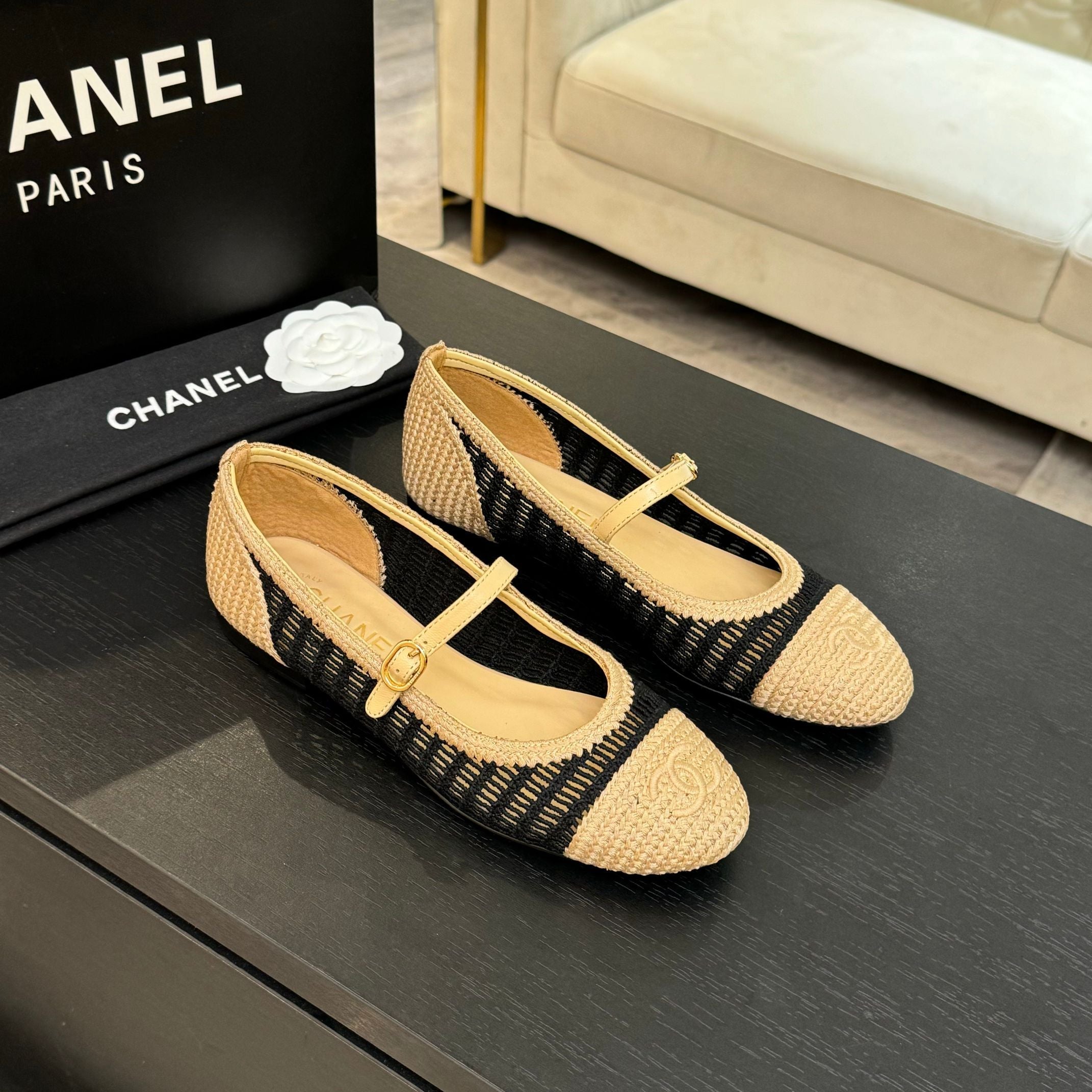 zCHANE.L 25P Mary Jane 15Mm Beige Black Raffia 373783