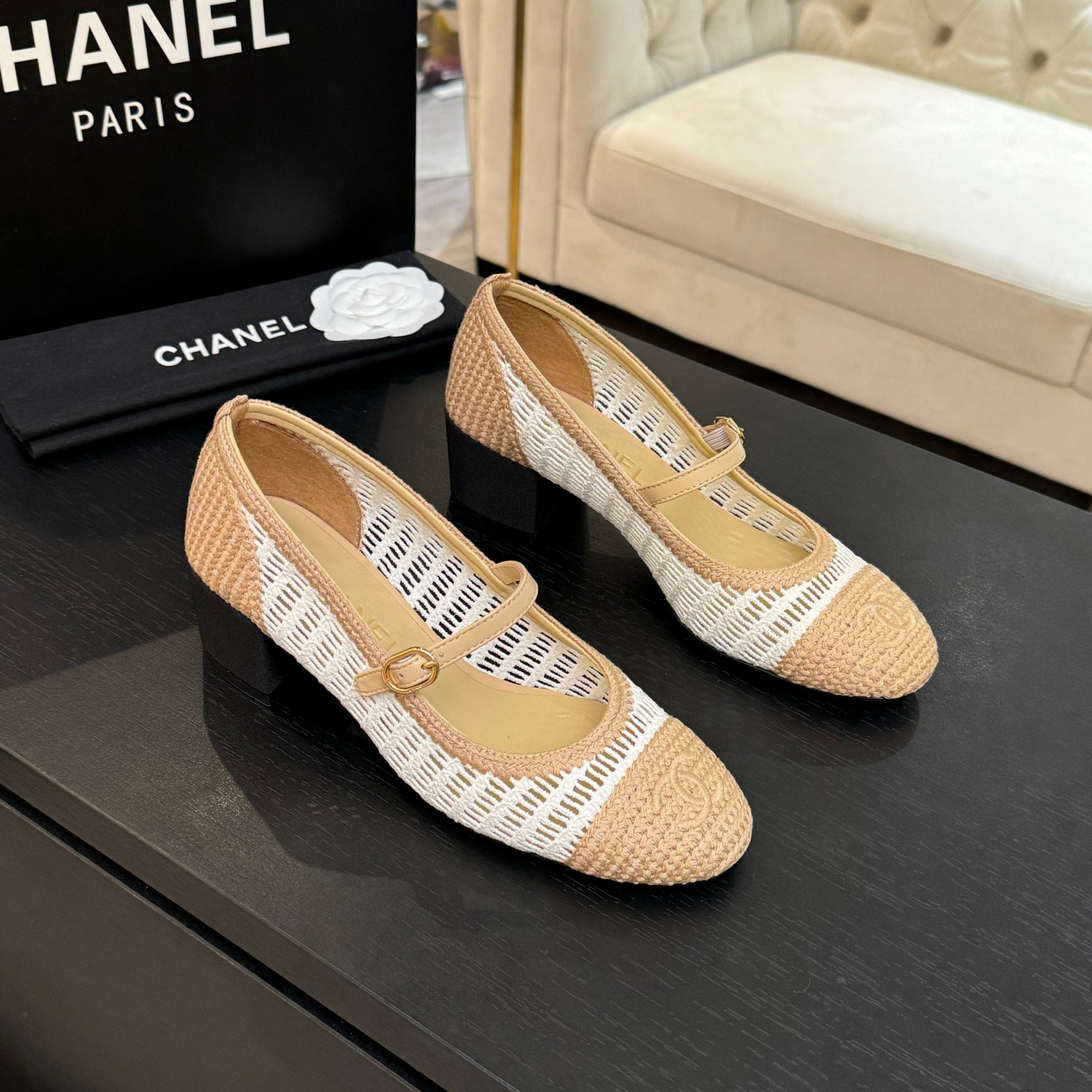 zCHANE.L 25P Mary Jane 50Mm Beige White Raffia 373790